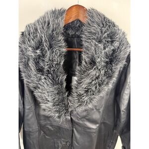 Terry Lewis Plus Size 1X Black Leather Coat Faux Fur Shawl Collar Full Length